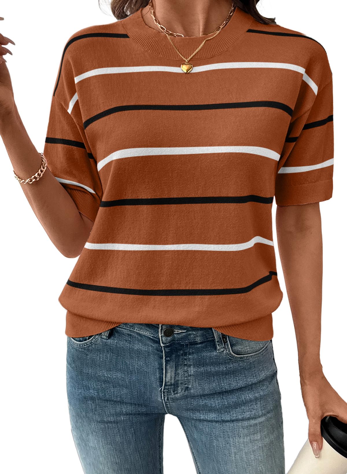 Women's  Crewneck Short Sleeve Knit Striped Tops