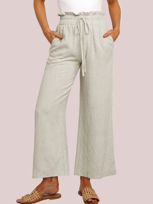 Women's High Waist Drawstring Wide Leg Linen Pants