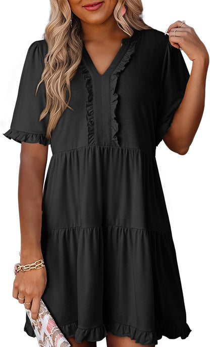 Women's V Neck Short Sleeve Casual A Line Flowy Swing Dress