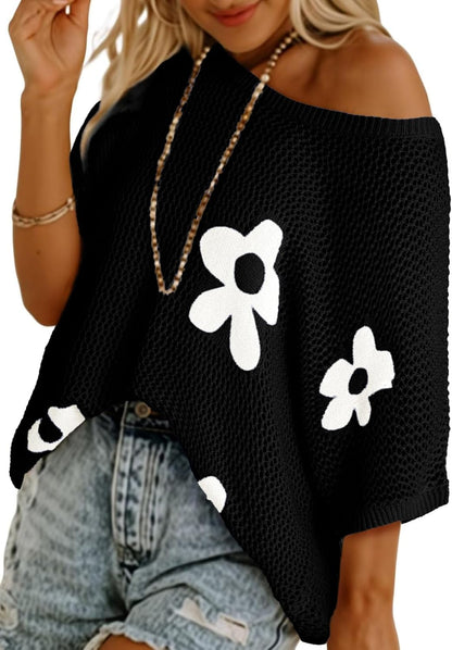 Women's Floral Short Sleeve Crocheted Cover-Up