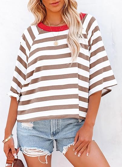 Women's Casual Striped Round Neck Loose Short Sleeve T-Shirt