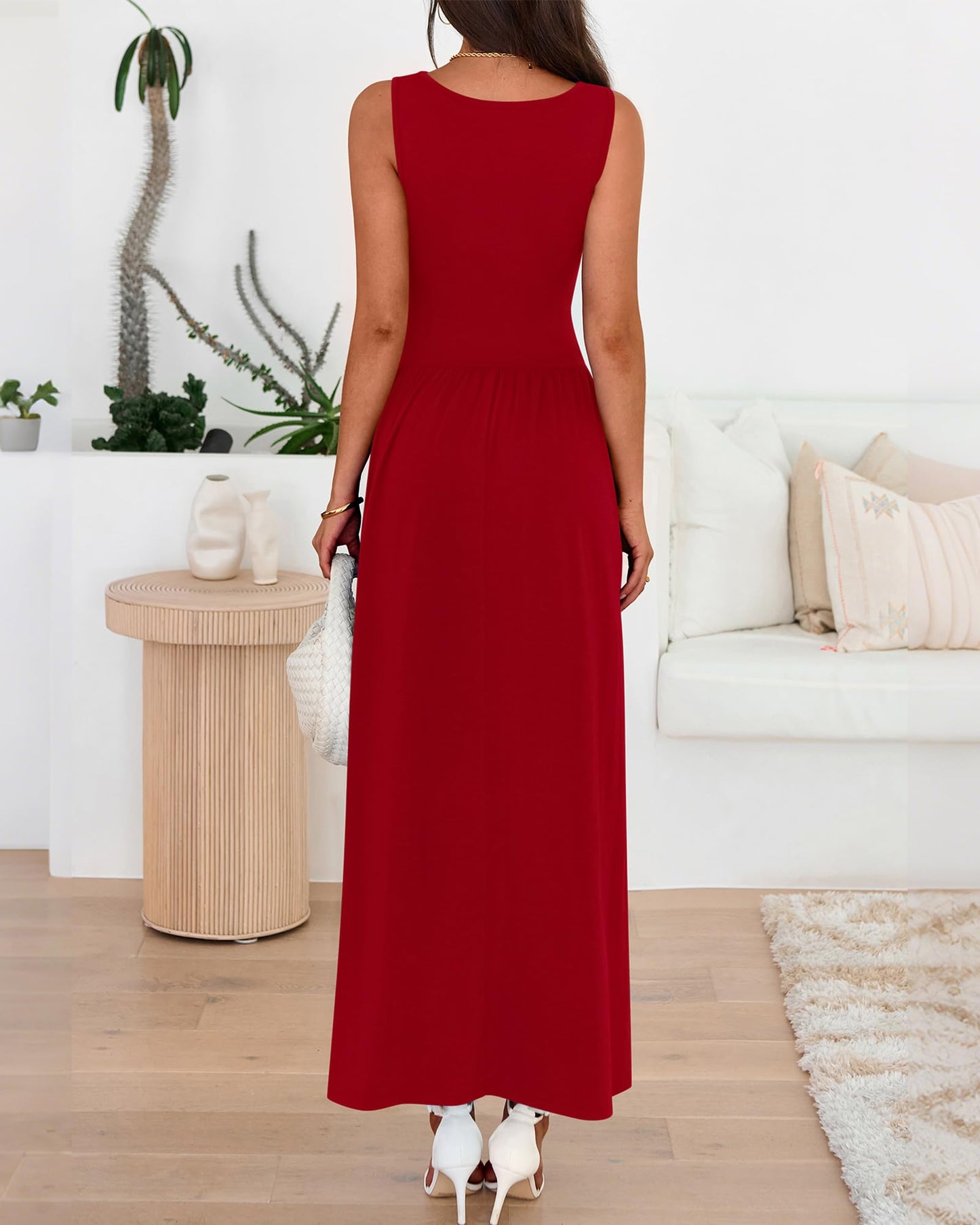 Women's Solid Sleeveless Ruched High Waisted Tank Dress with Pockets