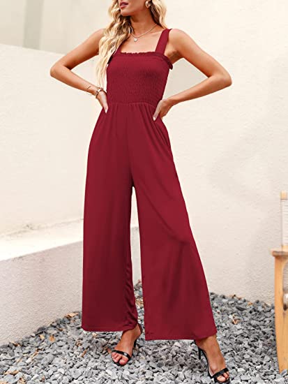 Smocked Wide Leg Jumpsuit Rompers with Pockets