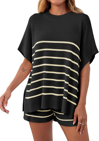 Women's Striped Batwing Short Sleeve Tops High Waisted Shorts Knit Lounge Sets