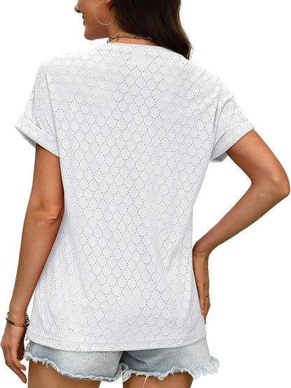 Women's Casual V Neck Short Sleeve Eyelet Tops