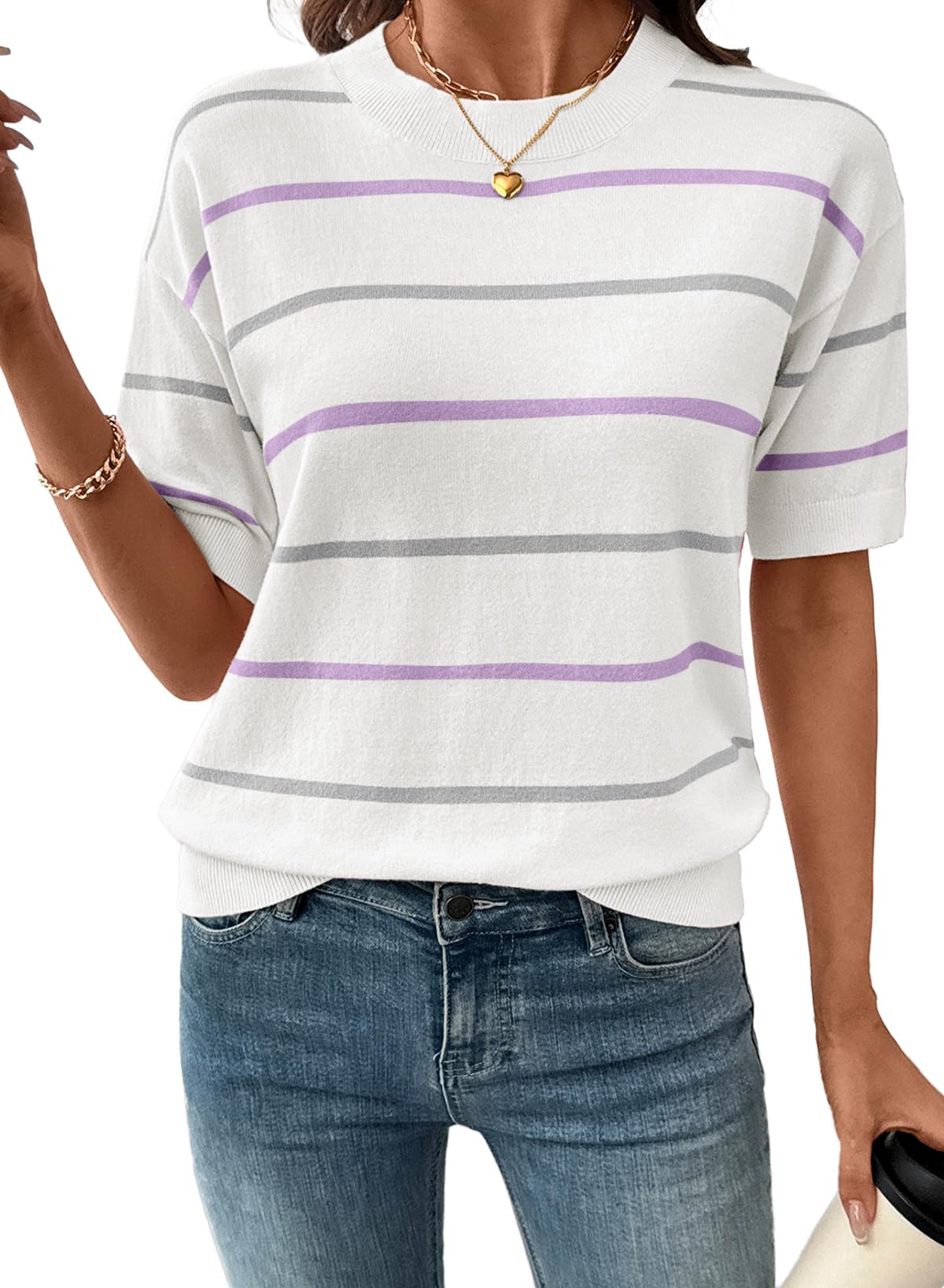 Women's  Crewneck Short Sleeve Knit Striped Tops