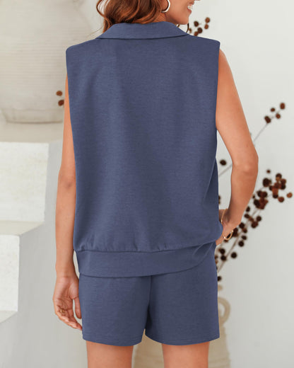 Women's Oversized Sleeveless Sweatshirt Shorts Two Piece Set