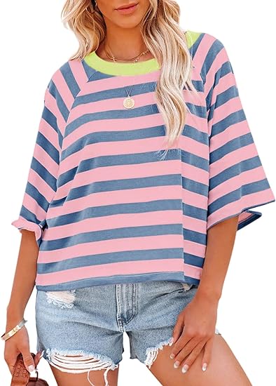 Women's Casual Striped Round Neck Loose Short Sleeve T-Shirt
