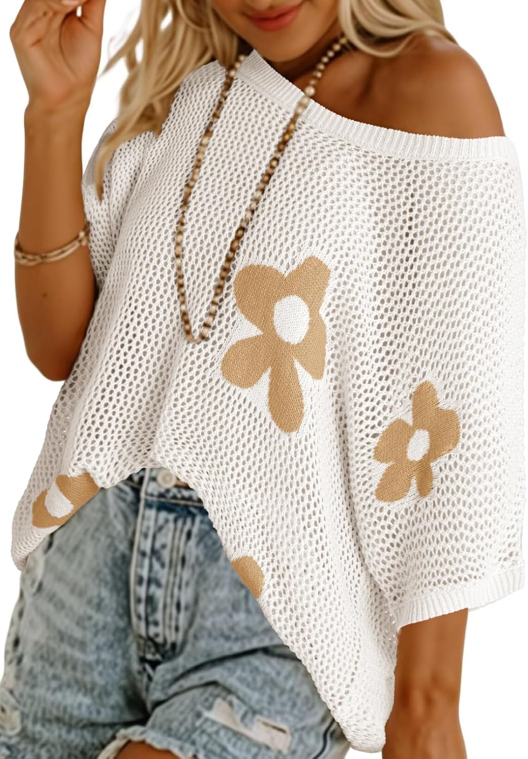 Women's Floral Short Sleeve Crocheted Cover-Up