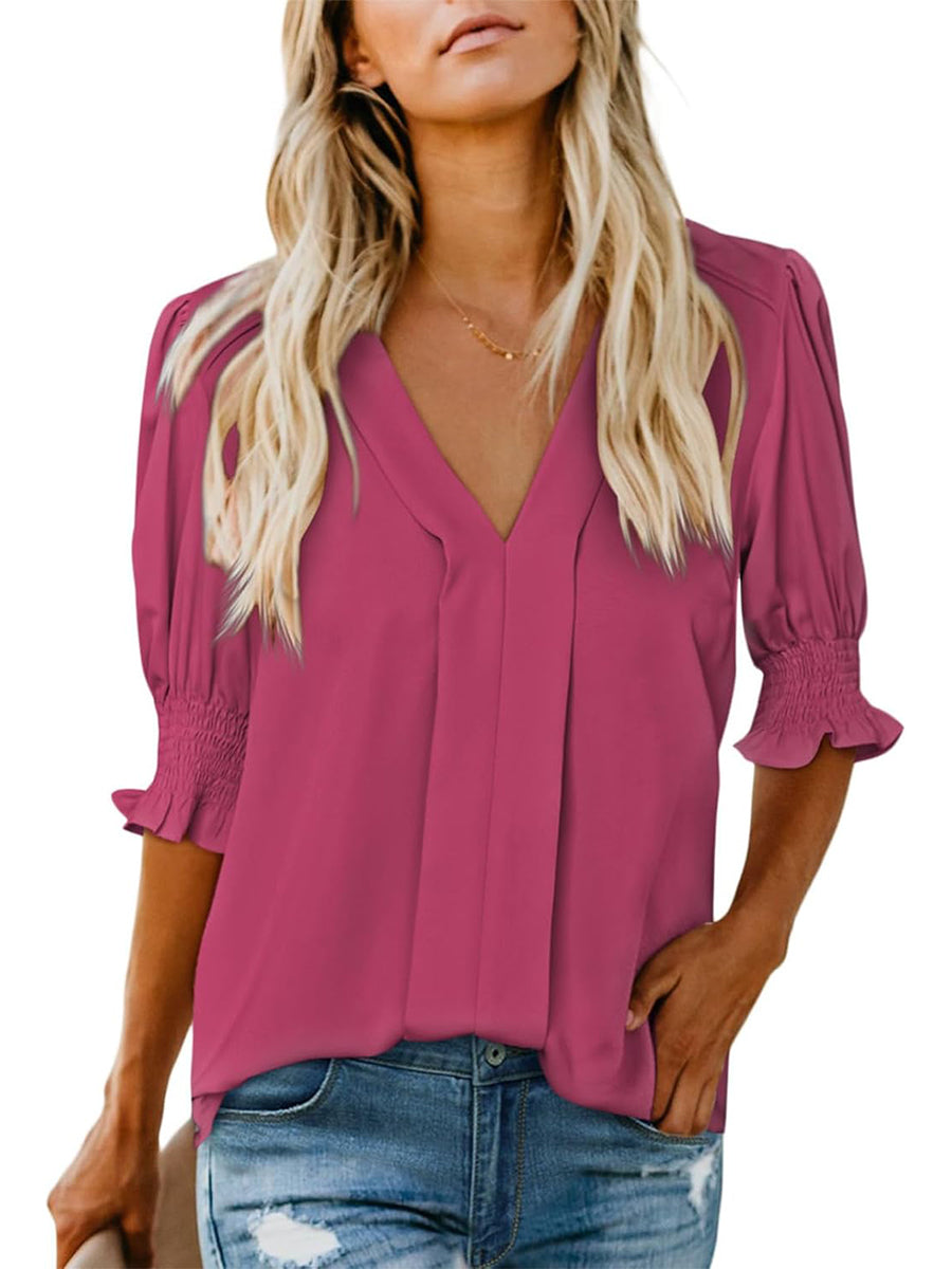 Women's Solid Casual V Neck Puff Sleeve Shirts