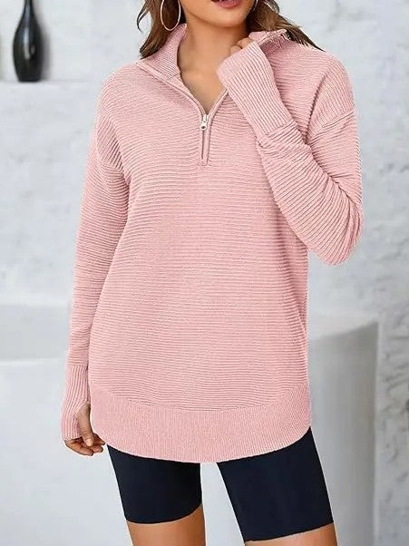 Women's Textured Half‑Zip Collared Top With Thumb Holes