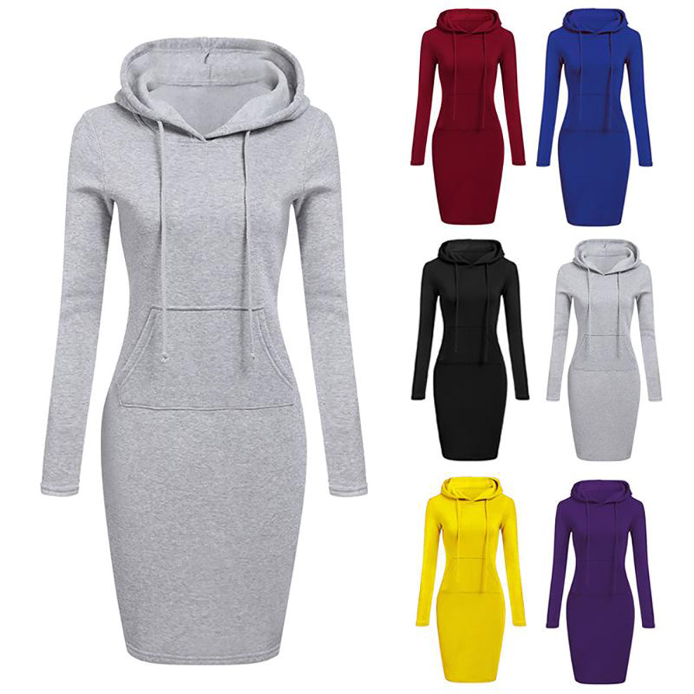 Women Pocket Knee Length Slim Casual Pullover Hoodie Dress