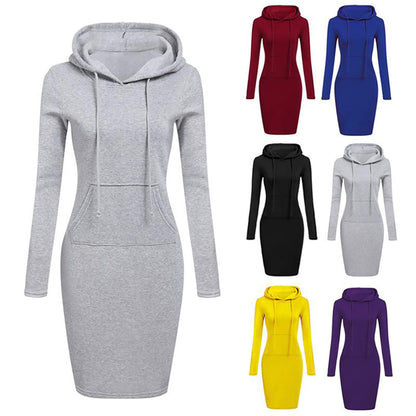 Women Pocket Knee Length Slim Casual Pullover Hoodie Dress