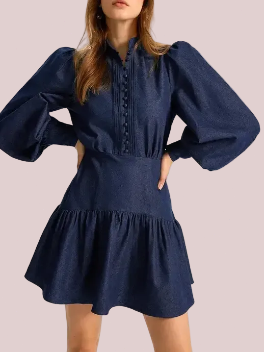 Women's Casual Denim Collared Neck Puff-Sleeve Dress