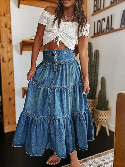Women's Chic High-Waisted A-Line Denim Skirt