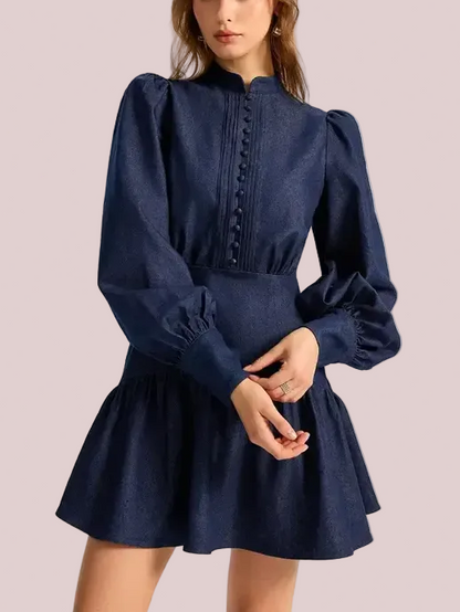 Women's Casual Denim Collared Neck Puff-Sleeve Dress