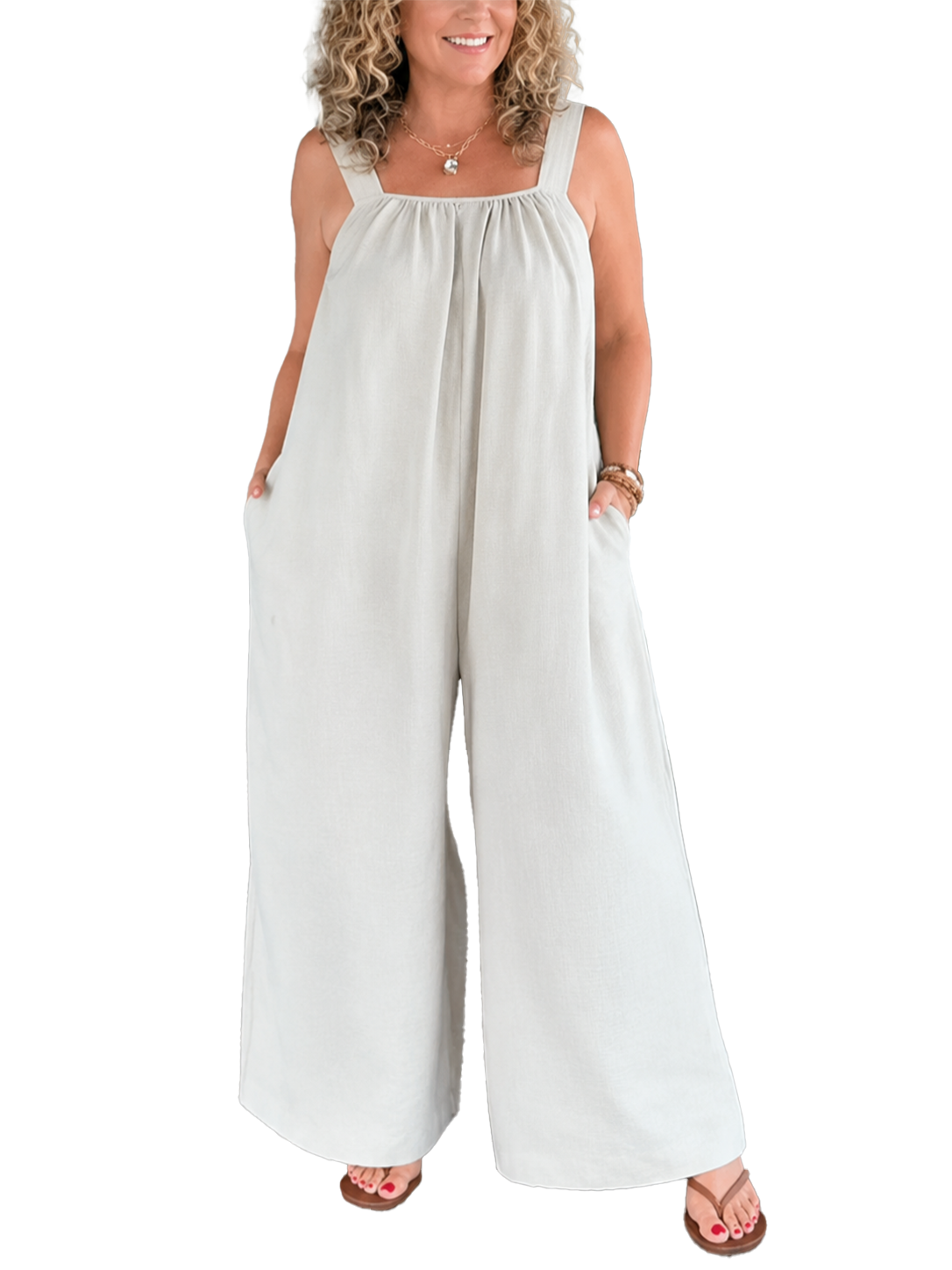 Women's Linen Square Neck Wide Leg Jumpsuit