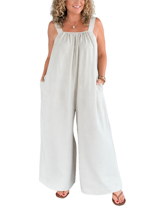 Women's Linen Square Neck Wide Leg Jumpsuit