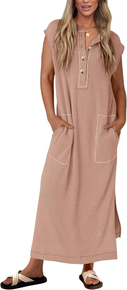Women's Ribbed Henley Button Up Split Long Dress