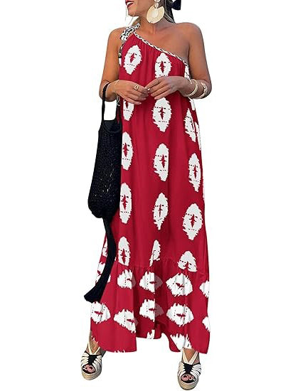One-Shoulder Printed Flowy Boho Beach Vacation Maxi Dress