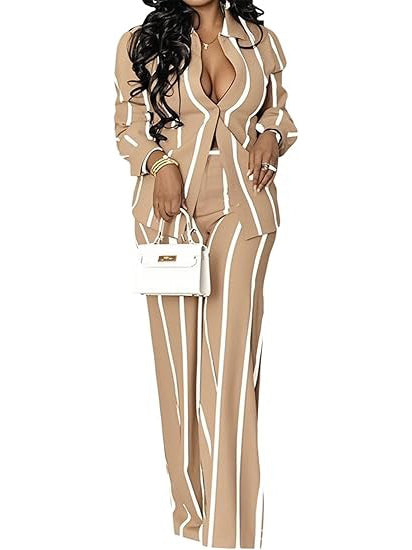 Women's Casual Striped Long Sleeve Two Piece Outfit