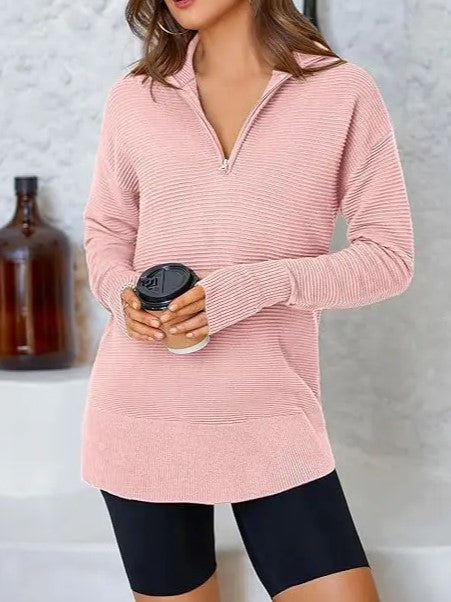 Women's Textured Half‑Zip Collared Top With Thumb Holes