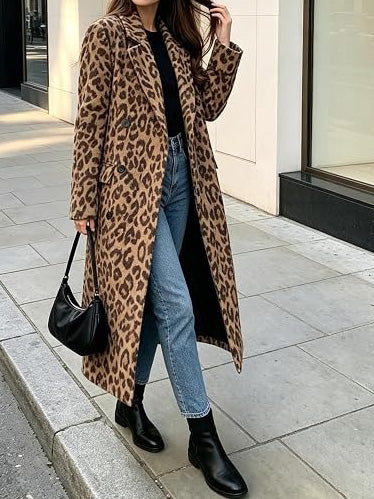 Women's Soft Leopard Print Long Trench Coat