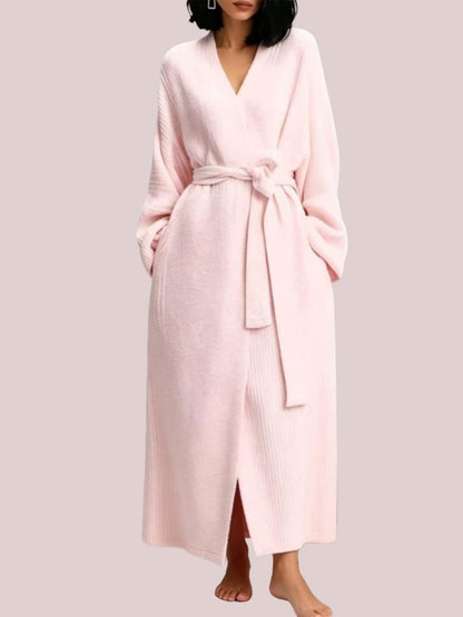 Women's Plush Knitted Long Robe with Waist Belt