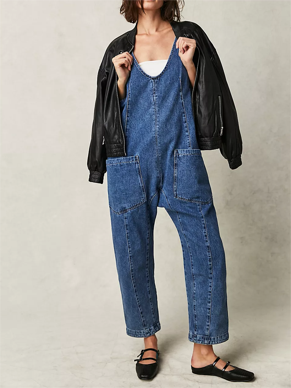 Women's Denim Sleeveless Loose Jumpsuit with Pockets
