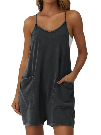 Women's V-Neck Spaghetti Strap Romper with Side Pockets
