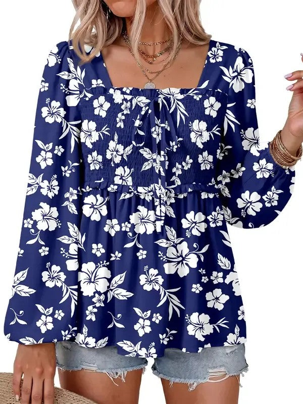 Women's Boho Floral Ruffle Square Neck Casual Shirt