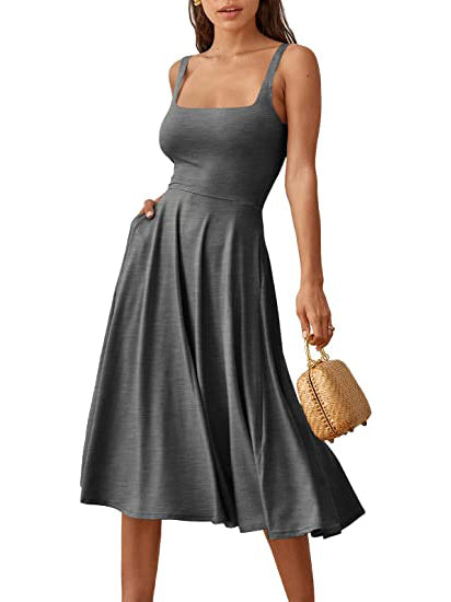 Casual Square Neck Sleeveless   Beach Midi Dress