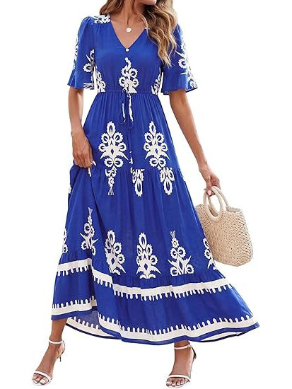 Women's Spring Casual Floral Print Tiered Maxi Dress