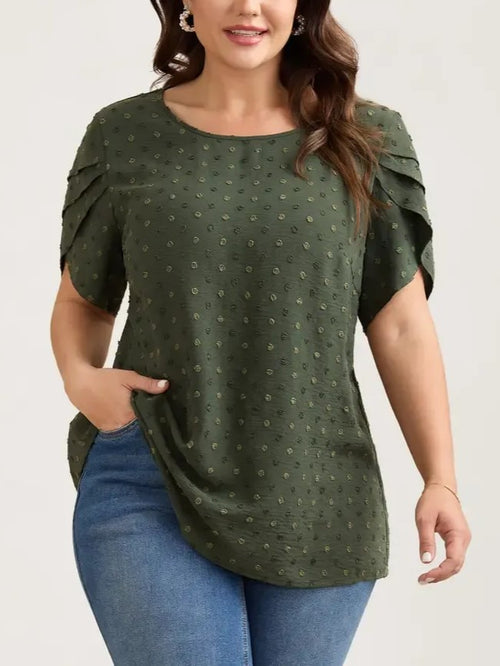 Women's Dot Textured Petal Short Sleeve Blouse