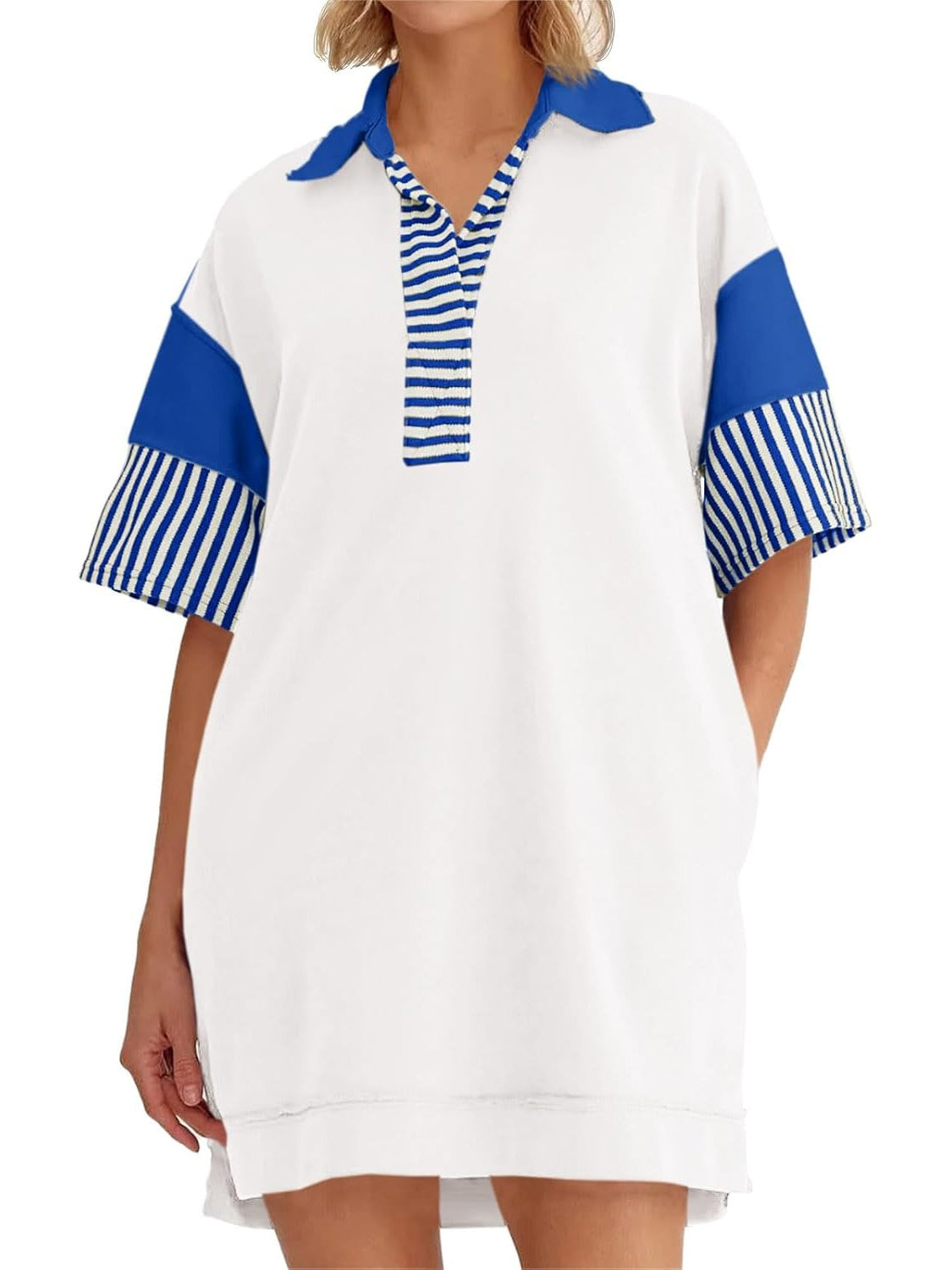 Women's Striped Colorblock Polo Collar Casual Dress