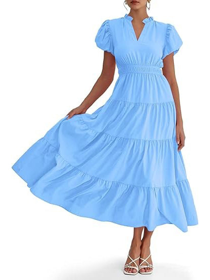 Women's Casual Ruffle V-Neck Smocked Waist Midi Dress