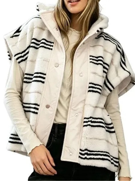 Women's Oversized Striped Sherpa Fleece Vest