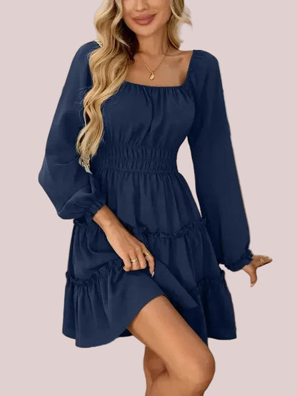 Women's Square Neck Boho Mini Dress with Pockets