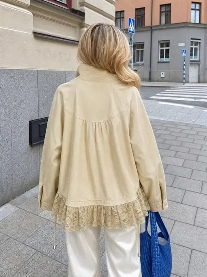Women's Casual Lace Hem Stand Collar Jacket