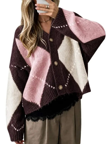 Women's Argyle Color Block V Neck Cardigan