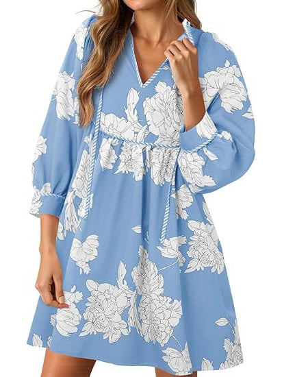 Women's Vibrant Floral Print Tied Waist Dress with Pockets