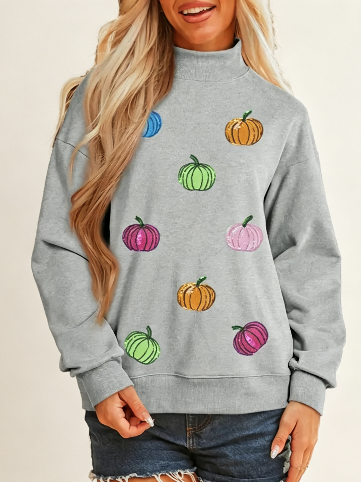 Women's Sequin Pumpkin Mock Neck Fall Sweatshirt