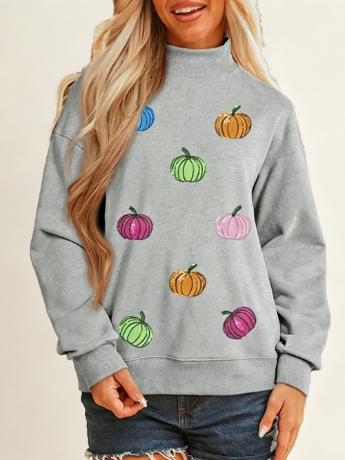 Women's Sequin Pumpkin Mock Neck Fall Sweatshirt