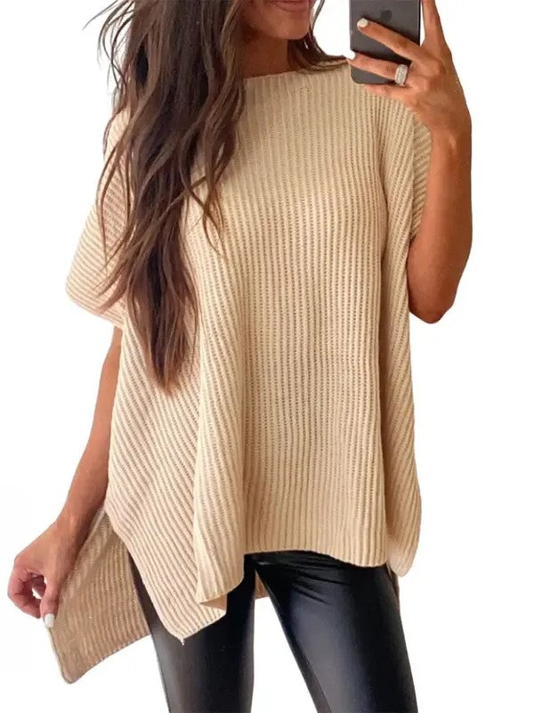 Women's Round Neck Side Slit Oversized Knit Top