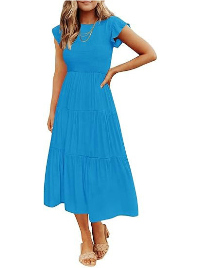 Women's Smocked Tiered Flutter Sleeve Midi Dress