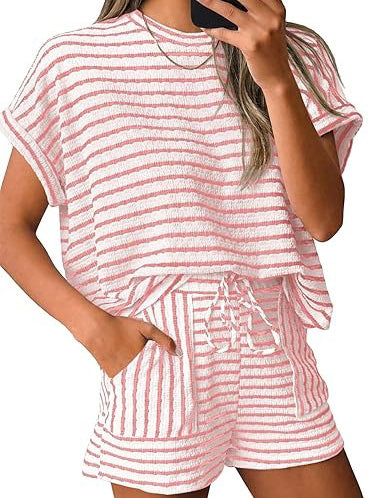Women's Casual Striped T-shirt and Shorts Two Piece Set