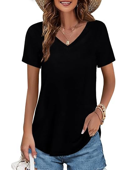 Women's V-neck Short Sleeve Curved Hem Tee Top (Buy 3 Free Shipping)