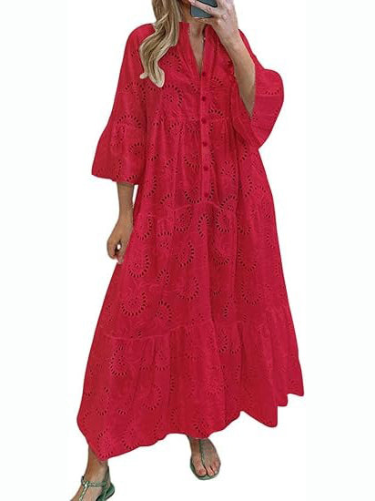 Women's 2026 Lace Eyelet Maxi Dress with Pockets