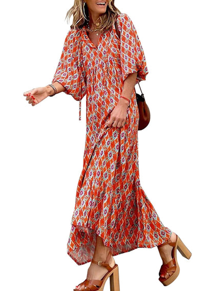 Women's Puff Sleeve Smocked Ruffle Boho Maxi Dress