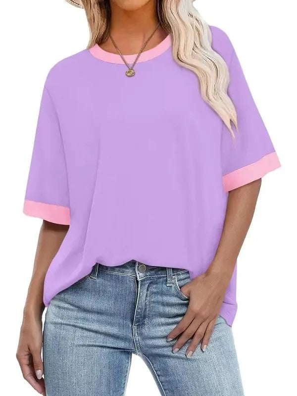 Women's Color Block Ringer Crew Neck Oversized T-Shirt